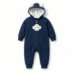 Navy baby hooded coverall with white cloud face appliqué and full-length zipper, front view