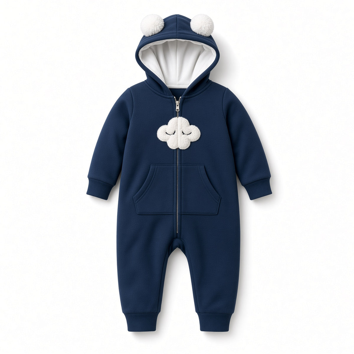 Navy baby hooded coverall with white cloud face appliqué and full-length zipper, front view