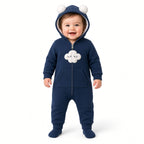 Baby wearing a navy zip-up fleece hooded romper with white cloud appliqué and ear pom-poms