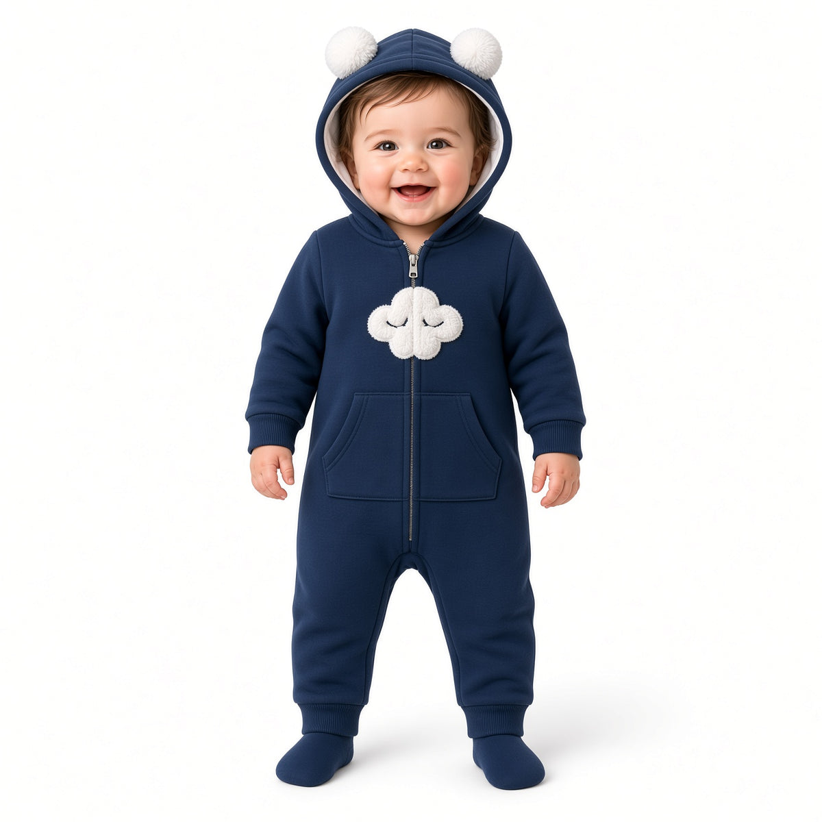 Baby wearing a navy zip-up fleece hooded romper with white cloud appliqué and ear pom-poms