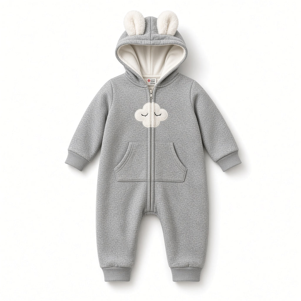 Gray baby hooded coverall with white cloud face appliqué and kangaroo pocket, front view