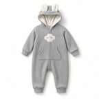 Gray baby hooded coverall with white cloud face appliqué and kangaroo pocket, front view