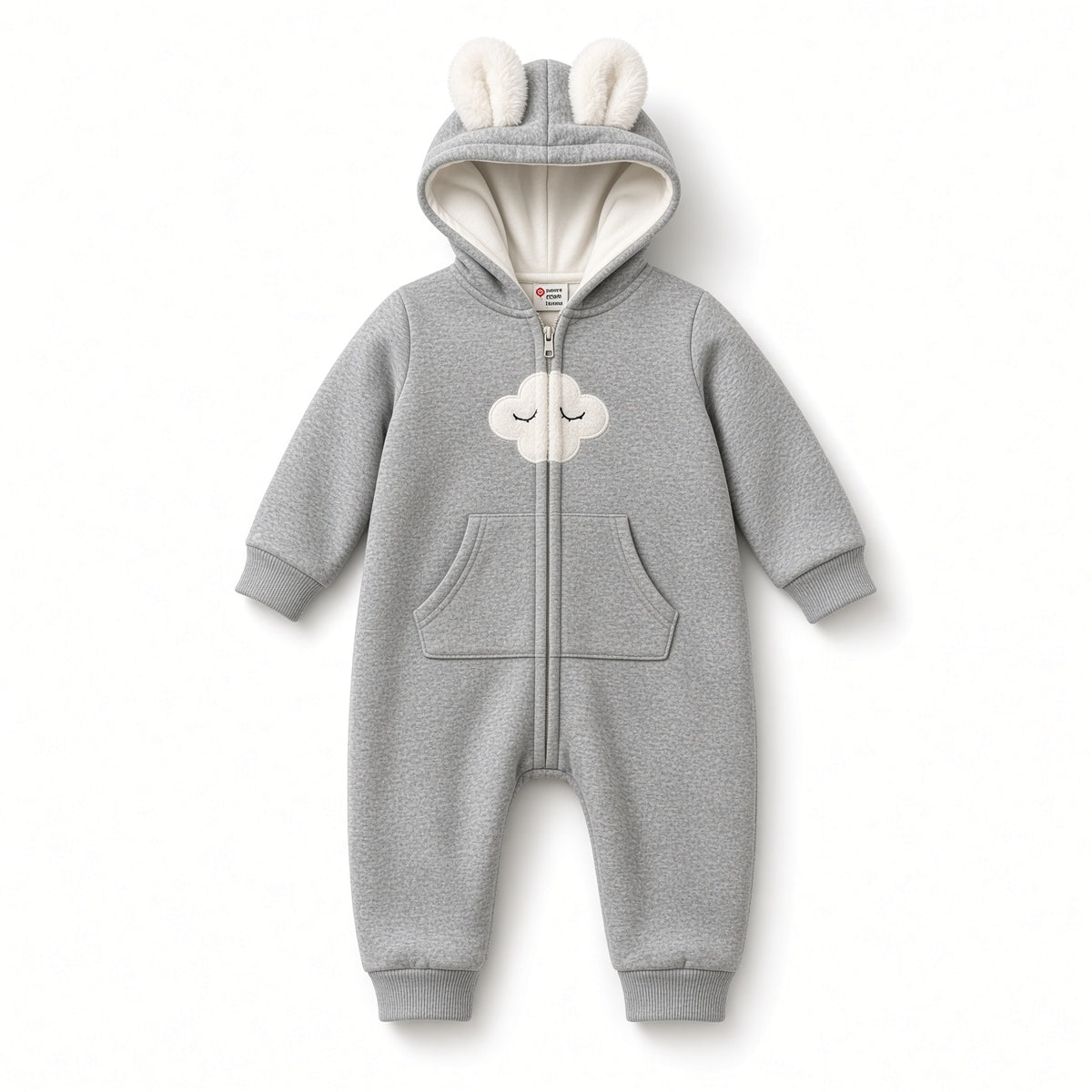 Gray baby hooded coverall with white cloud face appliqué and kangaroo pocket, front view