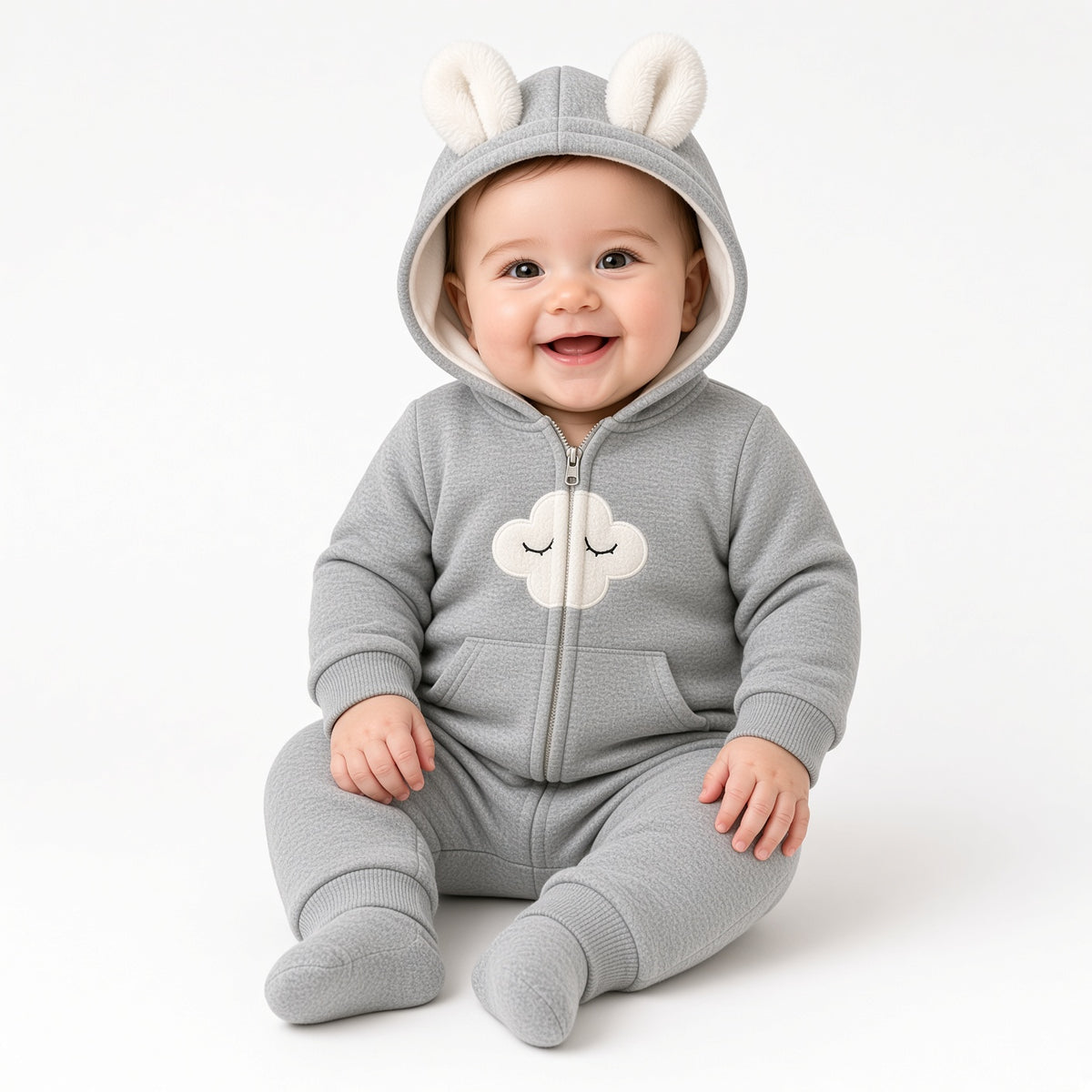 Baby wearing a gray fleece hooded zip romper with cloud appliqué and bunny ears