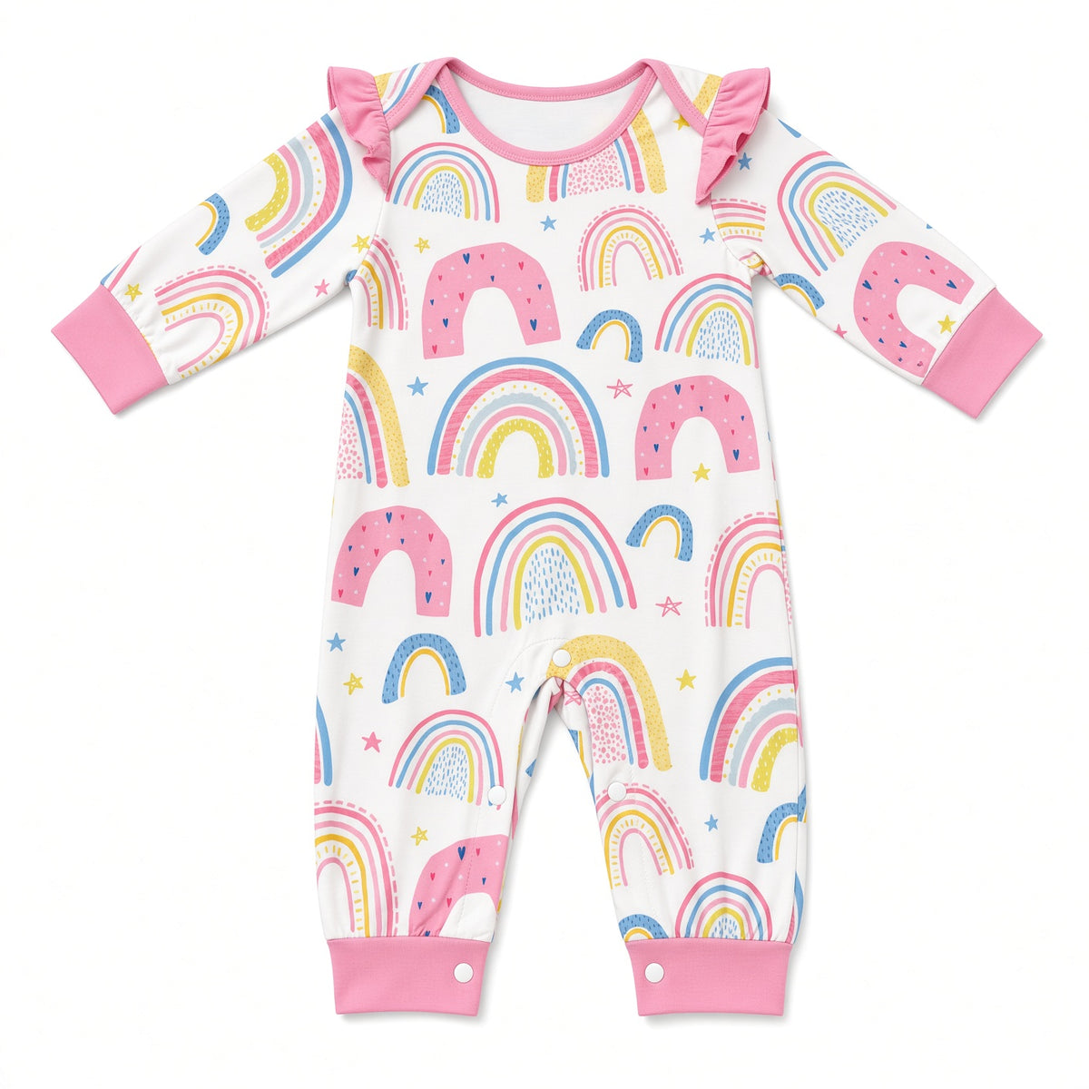 White baby romper with pastel rainbow print, ruffle shoulders, and pink cuffs, front view