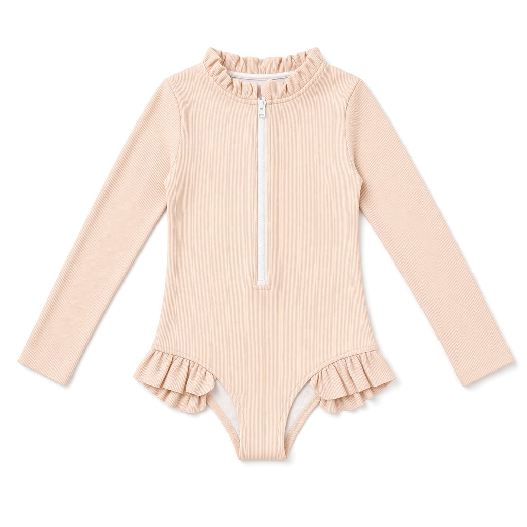Girls beige long-sleeve zip-front ruffle leotard, front view