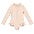Girls beige long-sleeve zip-front ruffle leotard, front view