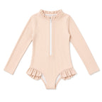 Girls beige long-sleeve zip-front ruffle leotard, front view