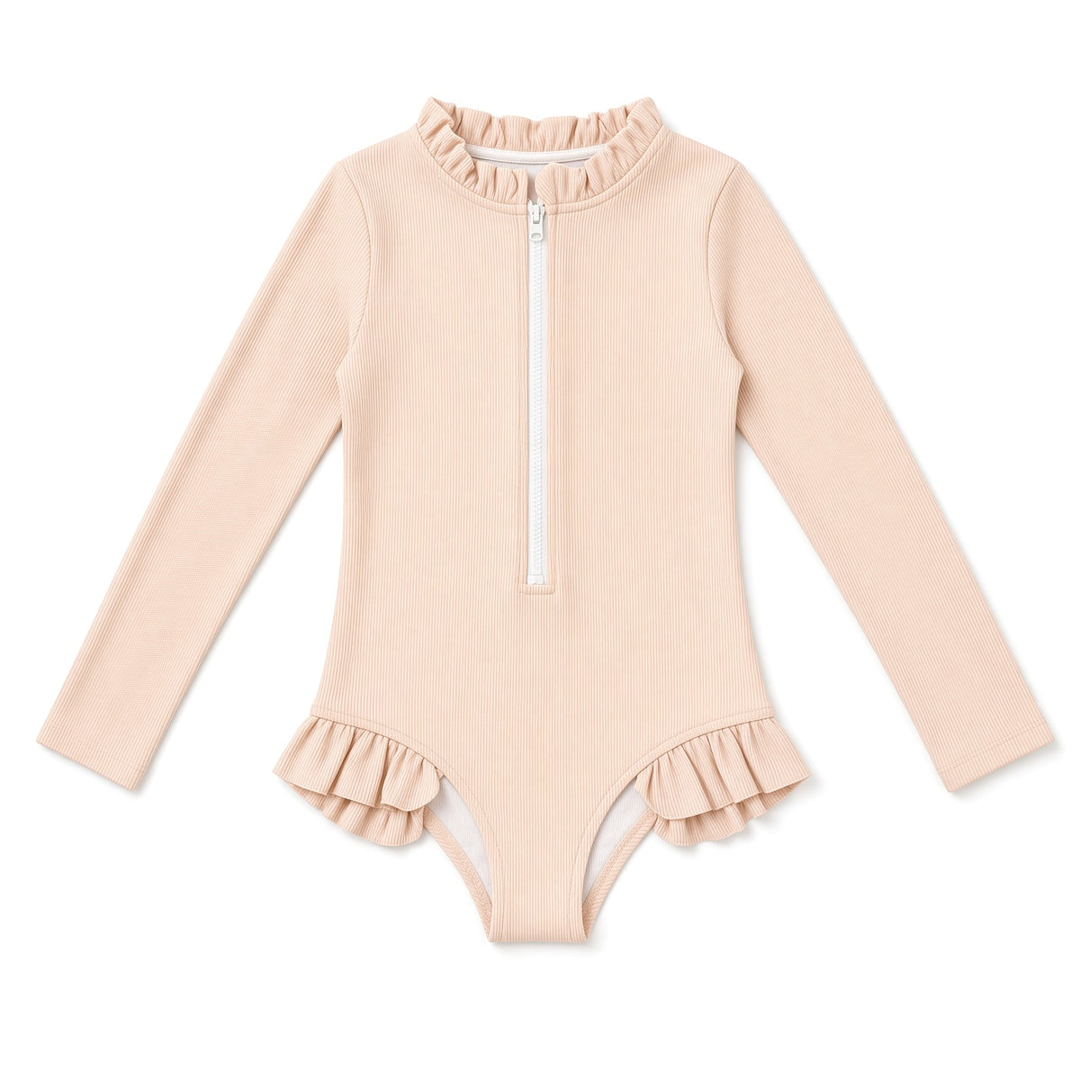 Girls beige long-sleeve zip-front ruffle leotard, front view