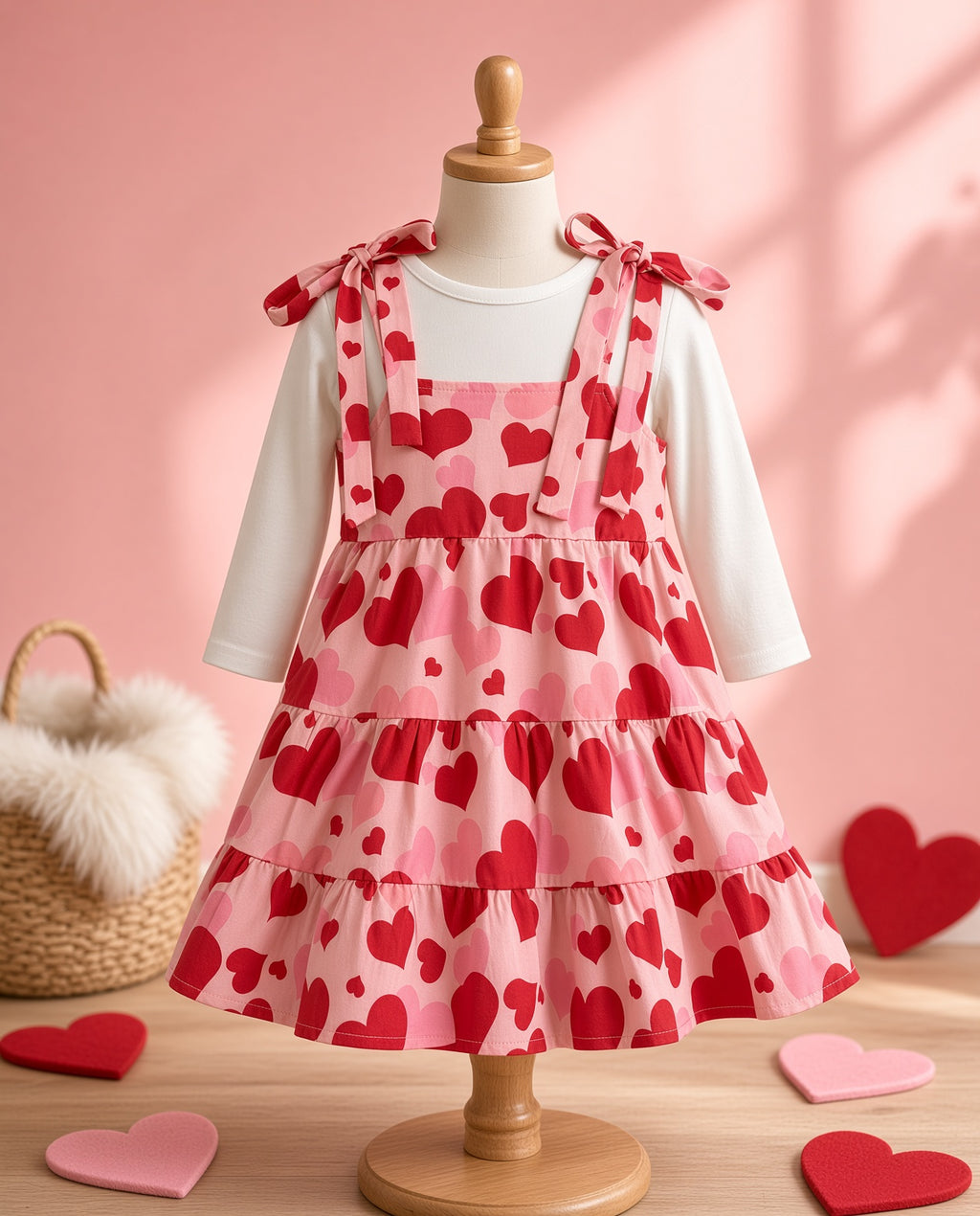Heart print tiered pinafore dress with tie shoulders on a child dress form