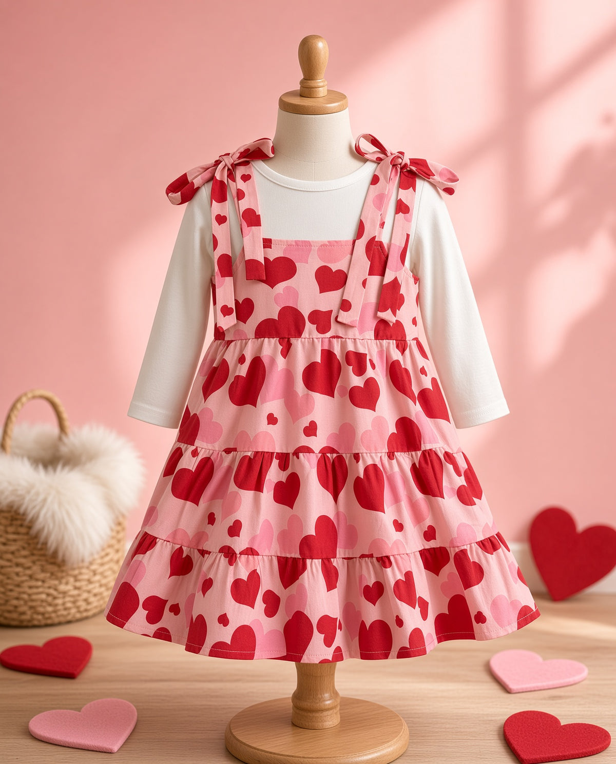 Heart print tiered pinafore dress with tie shoulders on a child dress form