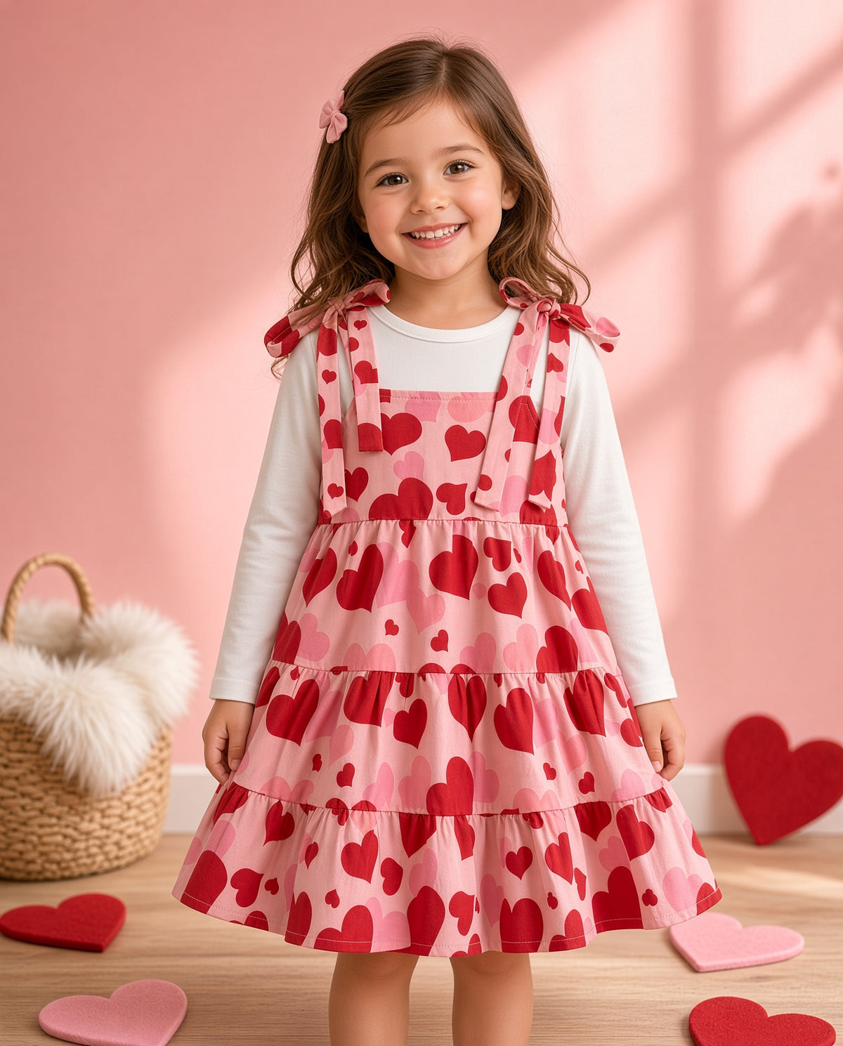 Girl wearing a red heart print tie-shoulder tiered pinafore dress over a white top
