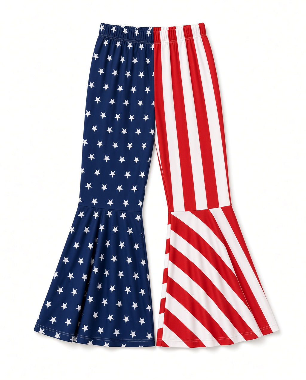 Girls stars and stripes bell-bottom flare pants, front view