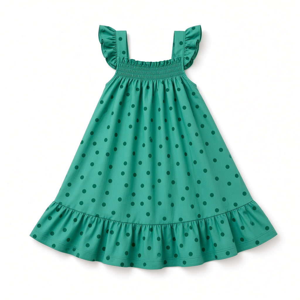Green polka dot girls dress with flutter sleeves, smocked bodice, and ruffle hem