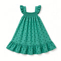Green polka dot girls dress with flutter sleeves, smocked bodice, and ruffle hem