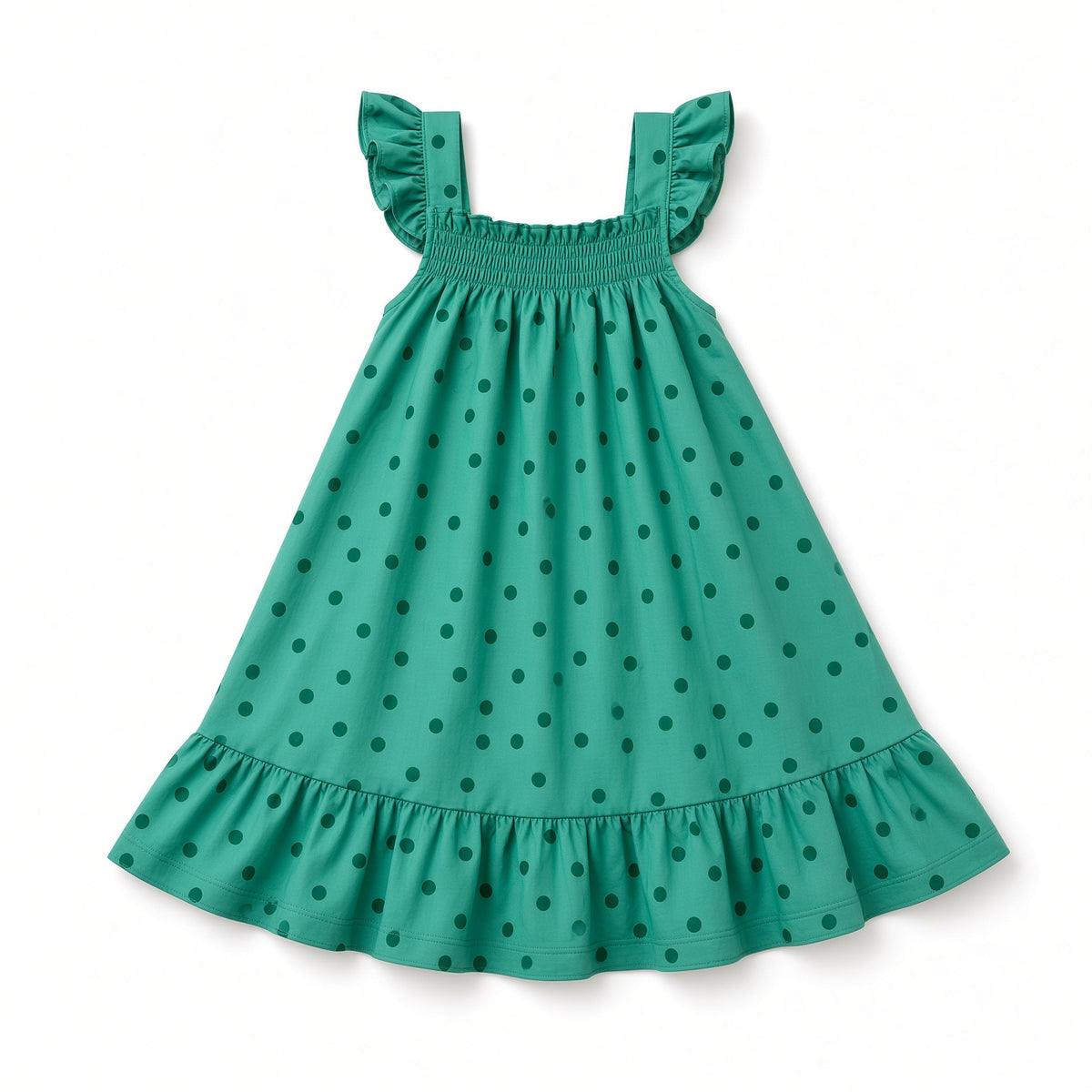 Green polka dot girls dress with flutter sleeves, smocked bodice, and ruffle hem