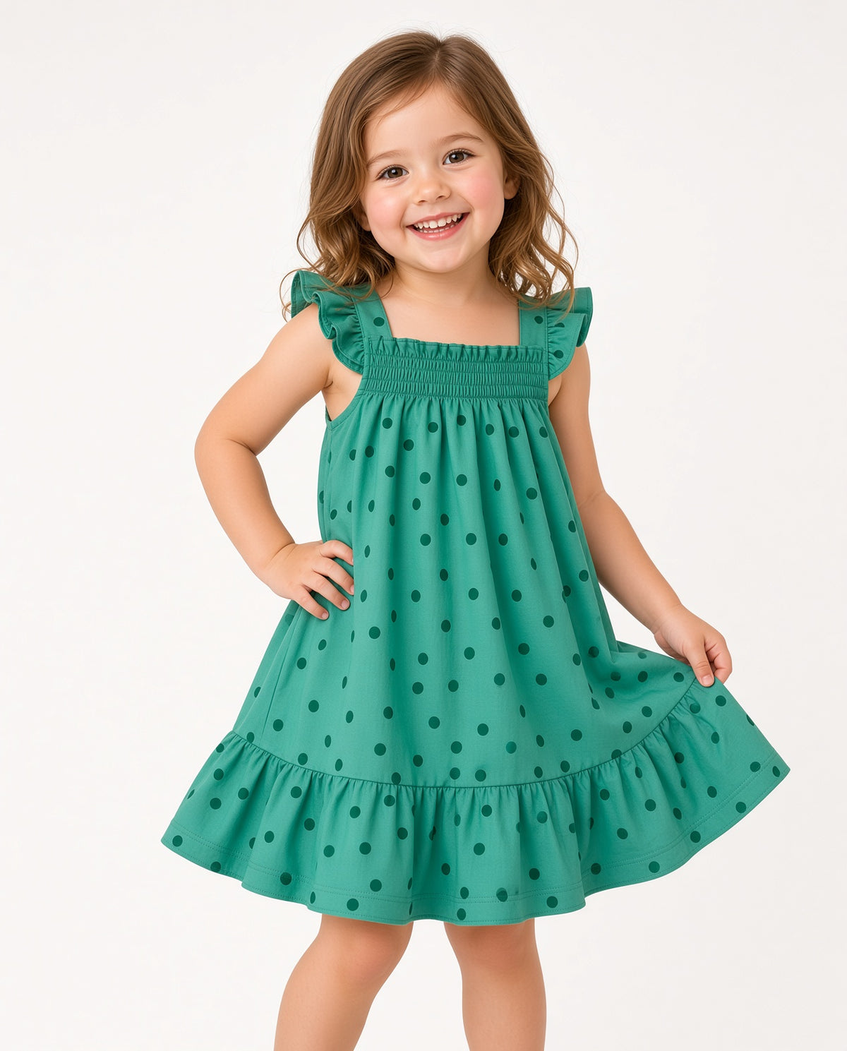 Girl wearing a green polka dot flutter-sleeve smocked dress with ruffle hem