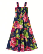 Navy floral print smocked girls sundress with tiered skirt, front view