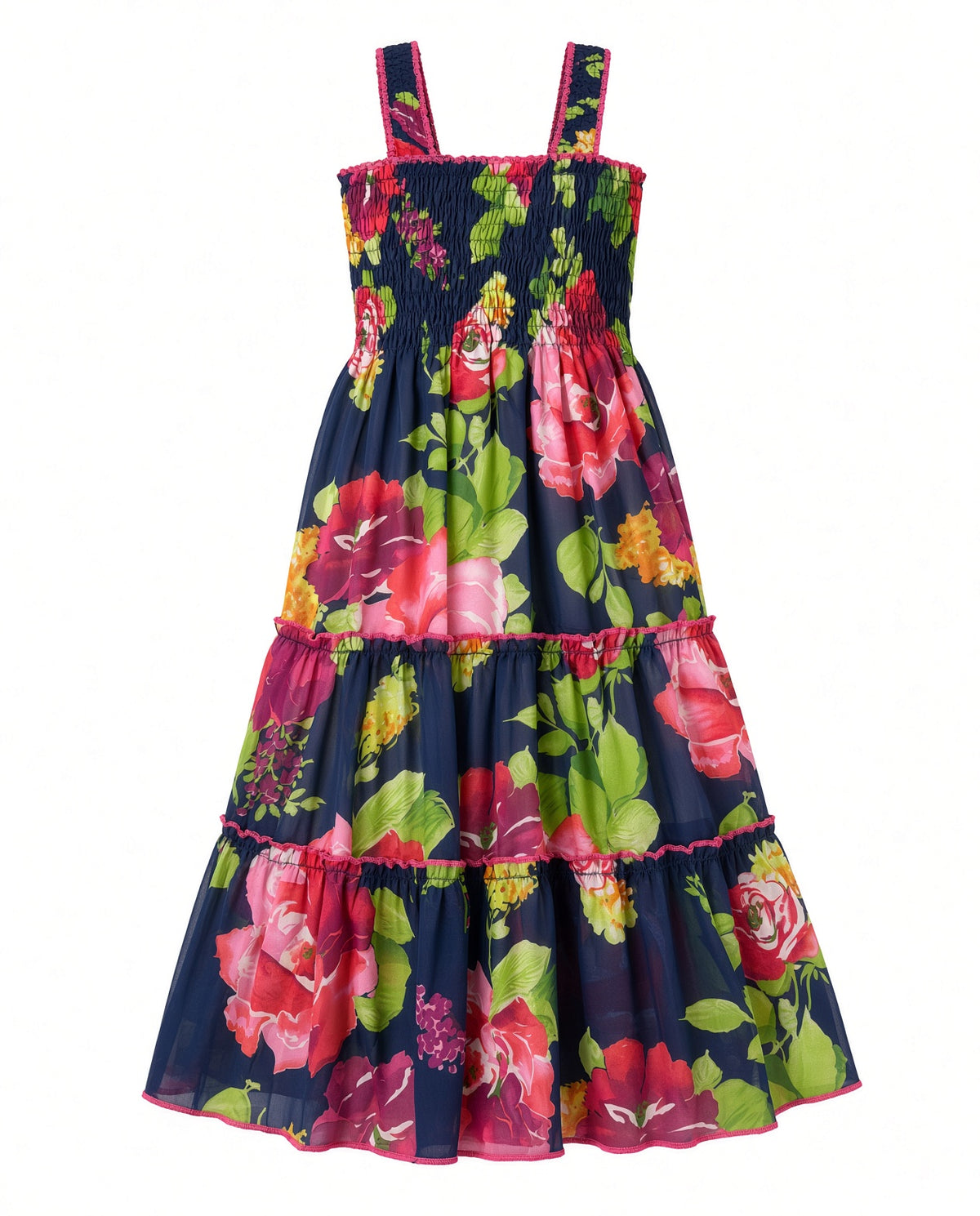 Navy floral print smocked girls sundress with tiered skirt, front view