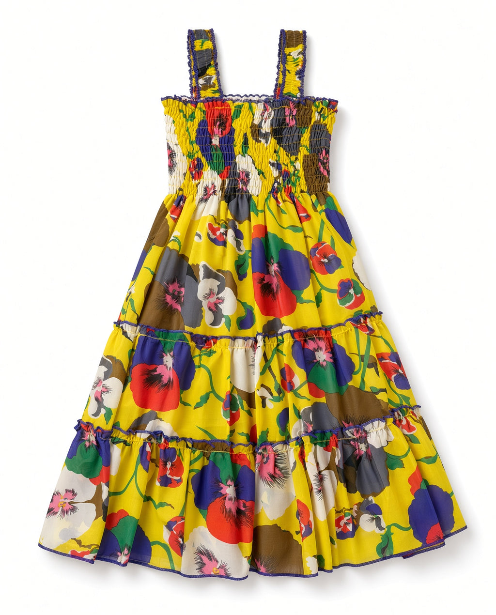 Yellow floral print smocked girls sundress with shoulder straps and tiered skirt