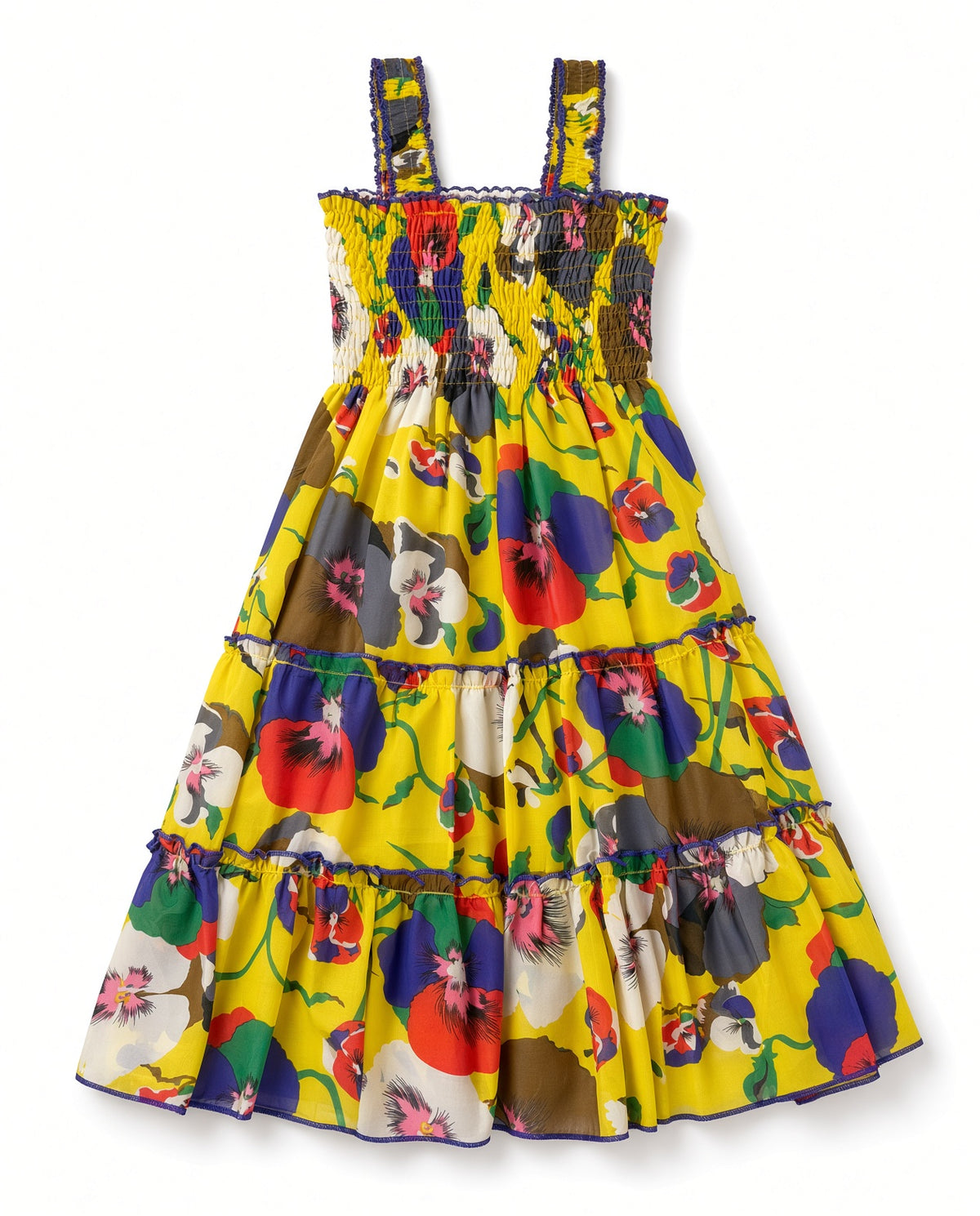 Yellow floral print smocked girls sundress with shoulder straps and tiered skirt