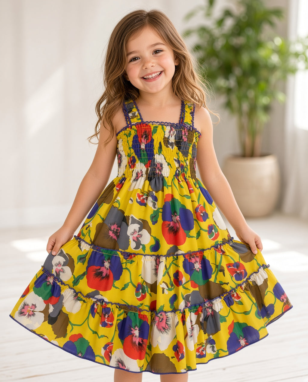 Girl twirling in a yellow floral smocked tiered sundress
