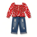 Baby red floral smocked top and cuffed distressed jeans set, front view