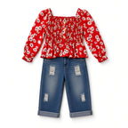 Baby red floral smocked top and cuffed distressed jeans set, front view