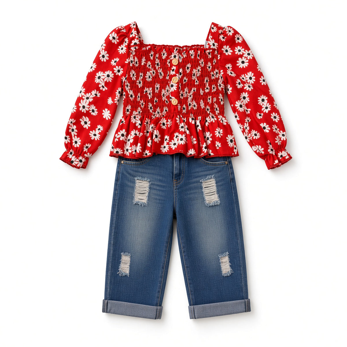 Baby red floral smocked top and cuffed distressed jeans set, front view