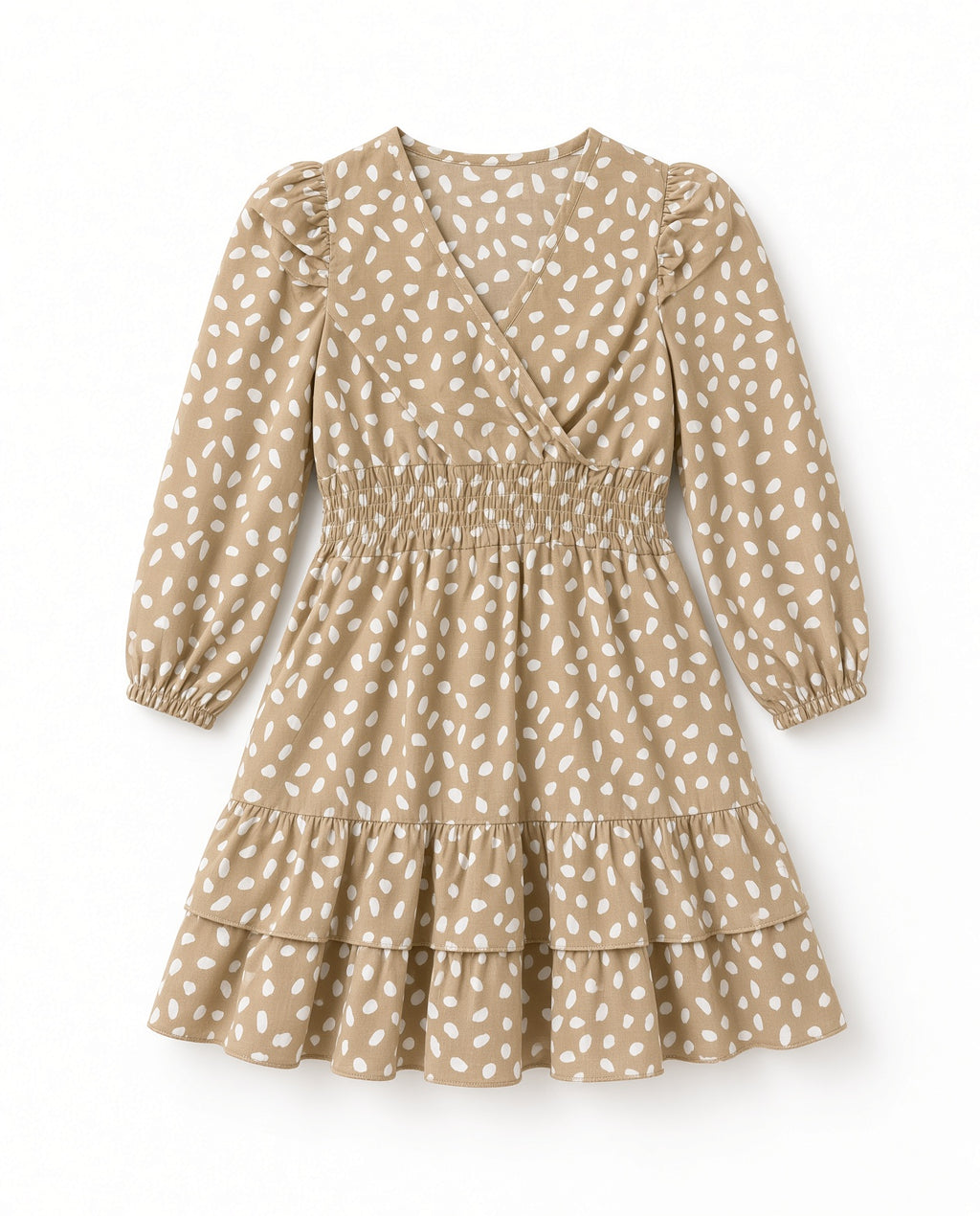 Girls tan spot print long-sleeve wrap dress with smocked waist and tiered skirt