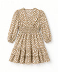 Girls tan spot print long-sleeve wrap dress with smocked waist and tiered skirt
