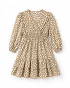 Girls tan spot print long-sleeve wrap dress with smocked waist and tiered skirt