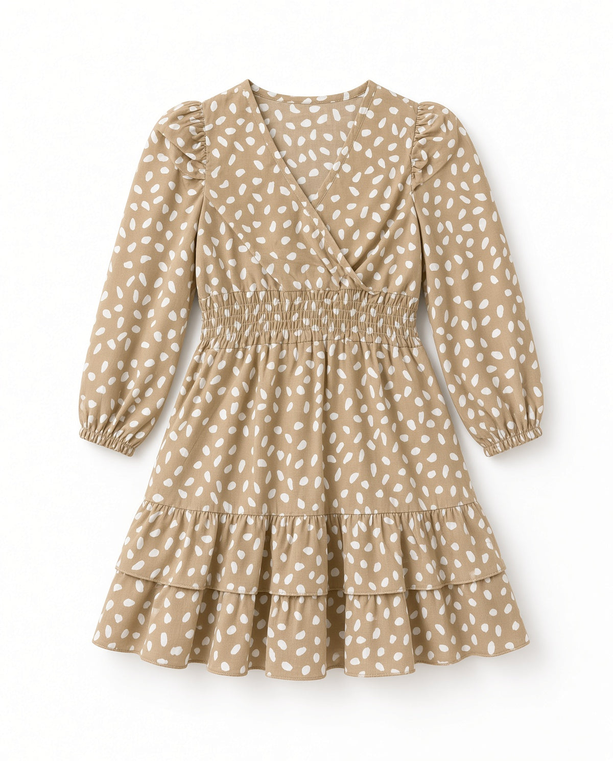 Girls tan spot print long-sleeve wrap dress with smocked waist and tiered skirt