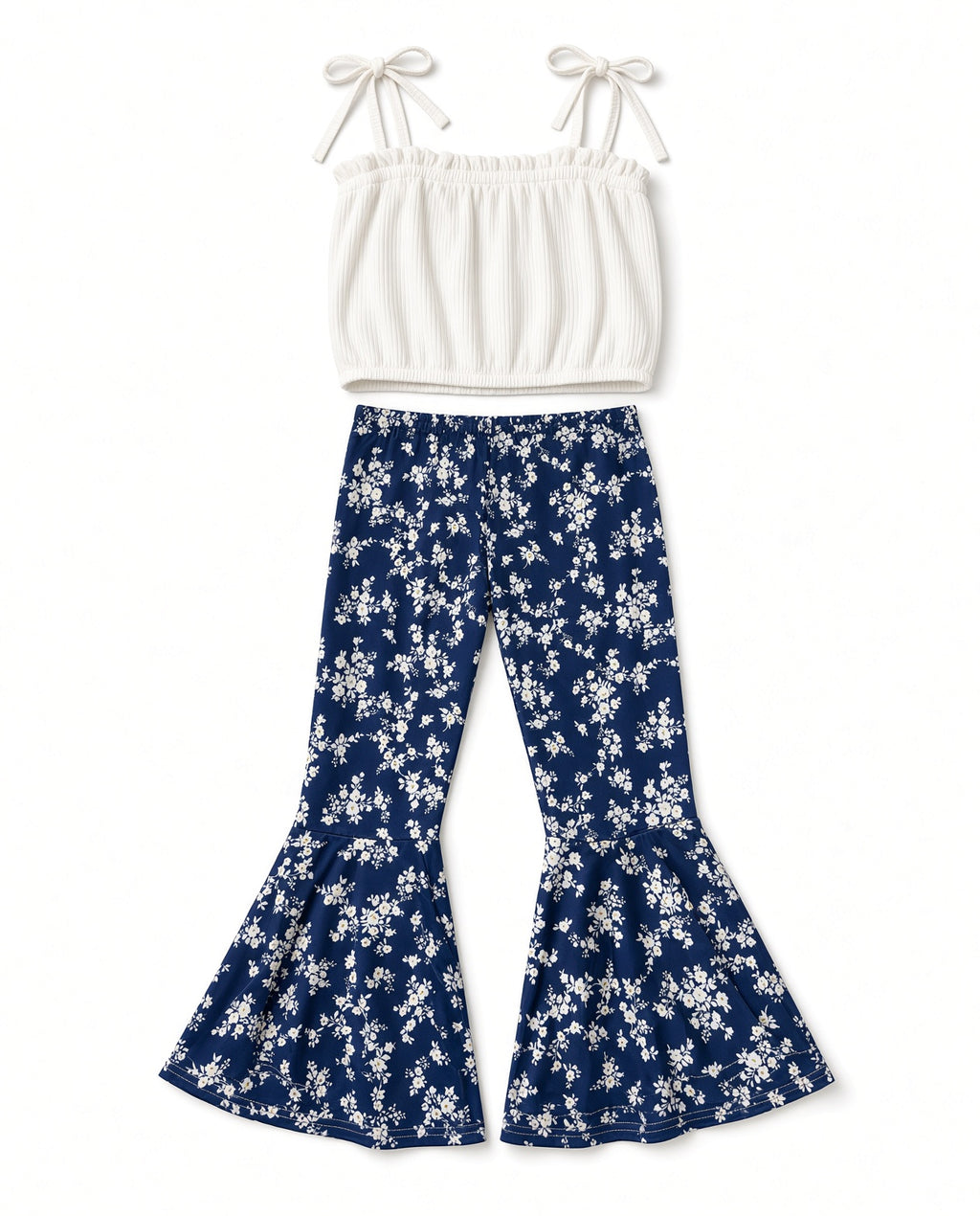 Girls white tie-strap top and navy floral bell-bottoms two-piece set, flat view