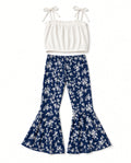 Girls white tie-strap top and navy floral bell-bottoms two-piece set, flat view
