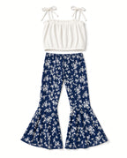 Girls white tie-strap top and navy floral bell-bottoms two-piece set, flat view