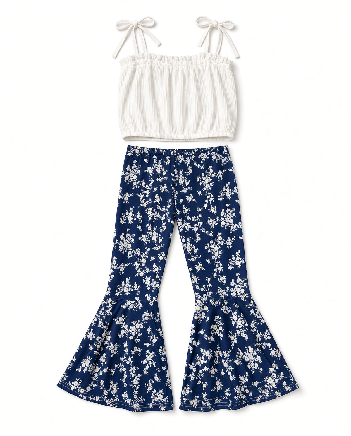 Girls white tie-strap top and navy floral bell-bottoms two-piece set, flat view