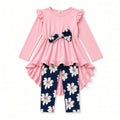Girls pink ruffle-shoulder high-low tunic with navy bow and navy floral leggings, flat view