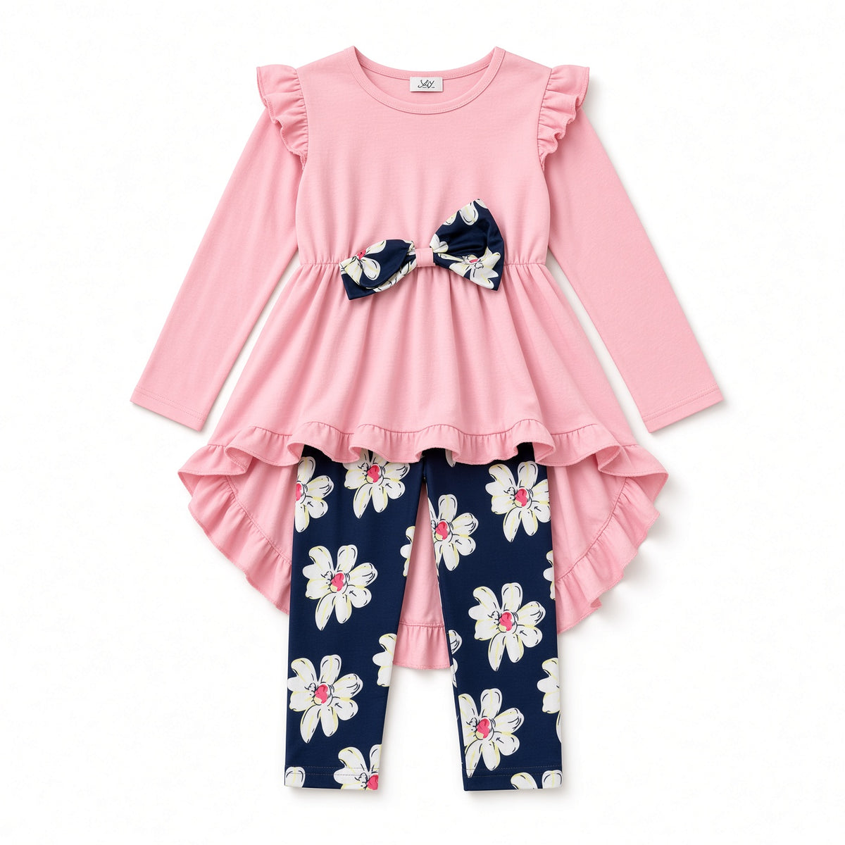 Girls pink ruffle-shoulder high-low tunic with navy bow and navy floral leggings, flat view