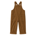 Kids camel corduroy overalls with bib pocket and cuffed legs, front view