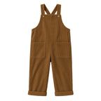 Kids camel corduroy overalls with bib pocket and cuffed legs, front view