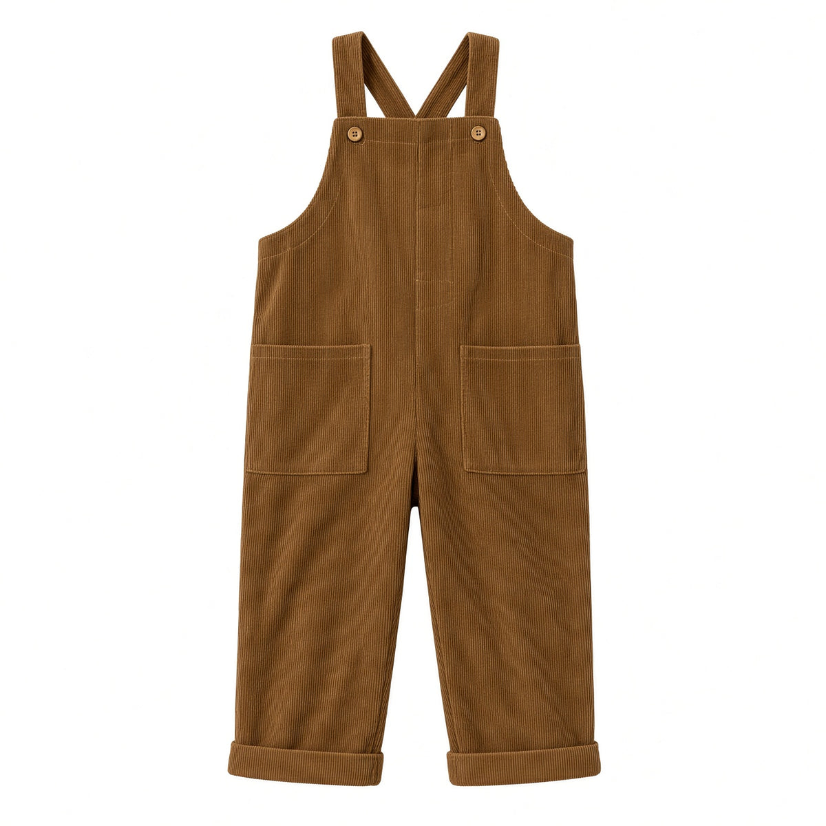 Kids camel corduroy overalls with bib pocket and cuffed legs, front view