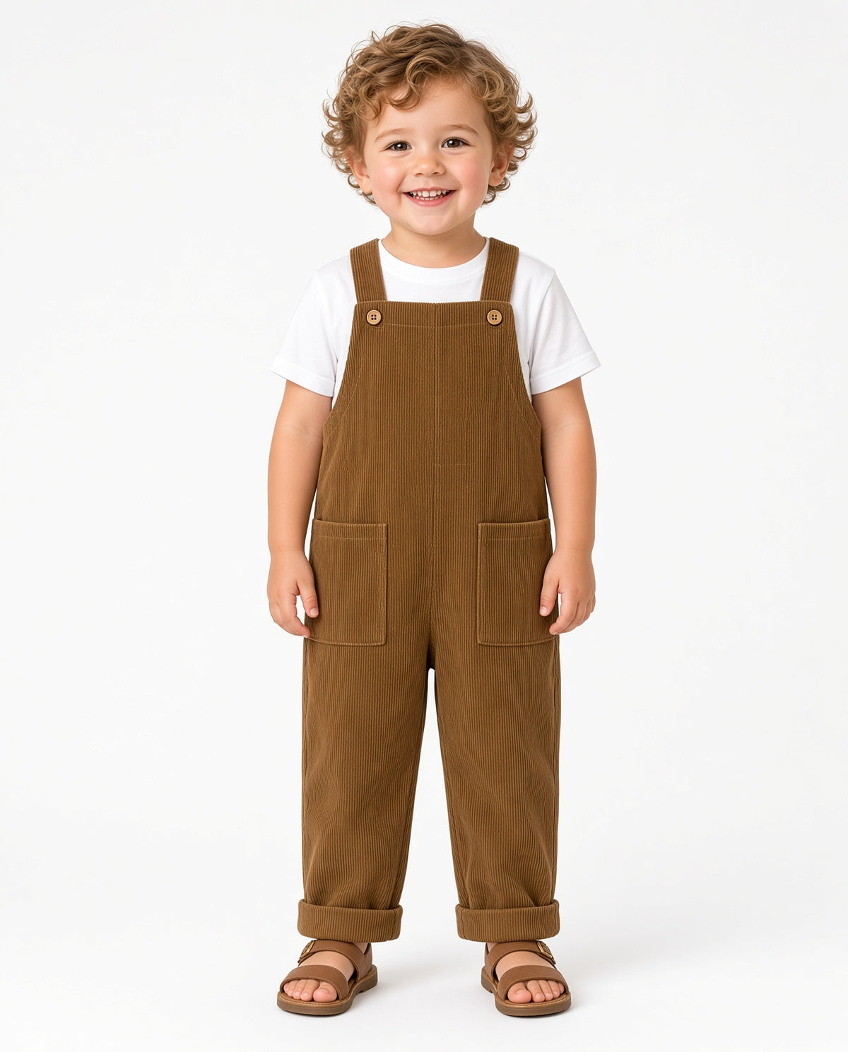 Toddler wearing camel corduroy overalls with a white tee