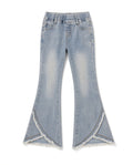 Girls light-wash pull-on bell-bottom jeans with frayed overlapping hem, front view