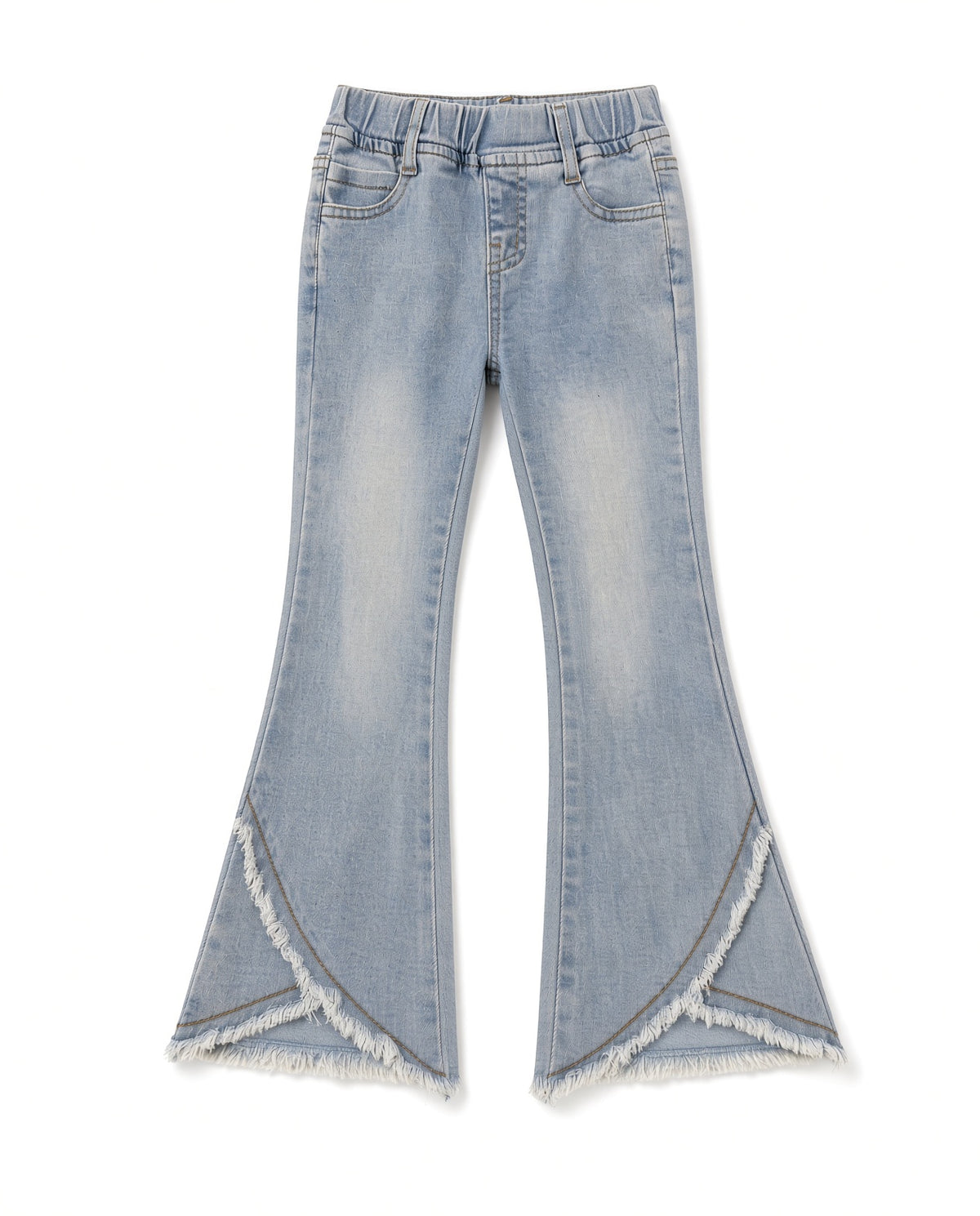 Girls light-wash pull-on bell-bottom jeans with frayed overlapping hem, front view