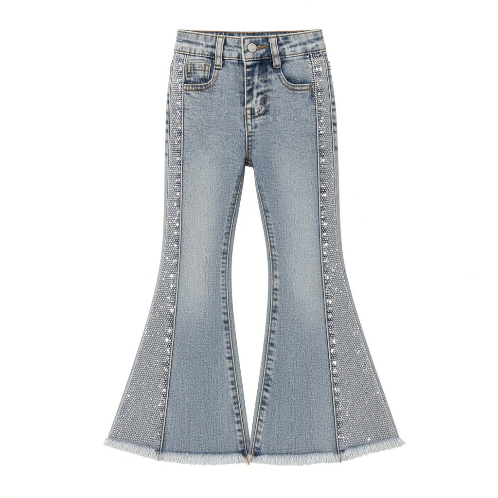 Girls light-wash bell-bottom jeans with sequin side stripe and frayed hem
