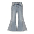 Girls light-wash bell-bottom jeans with sequin side stripe and frayed hem