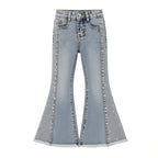 Girls light-wash bell-bottom jeans with sequin side stripe and frayed hem