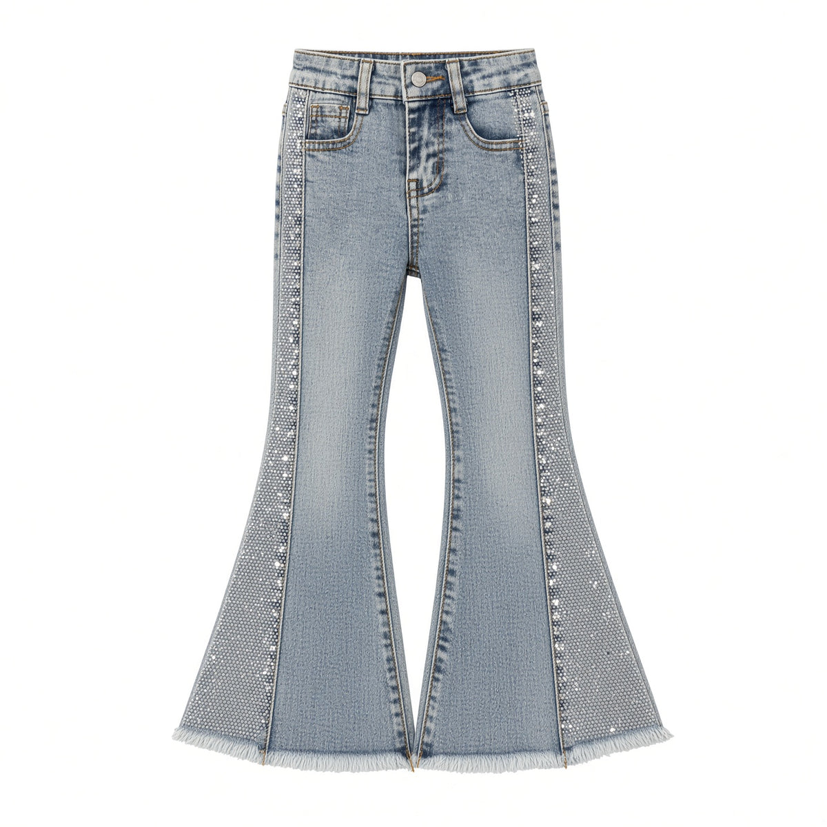 Girls light-wash bell-bottom jeans with sequin side stripe and frayed hem