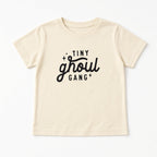 Cream baby tee with black Tiny Ghoul Gang lettering, front view
